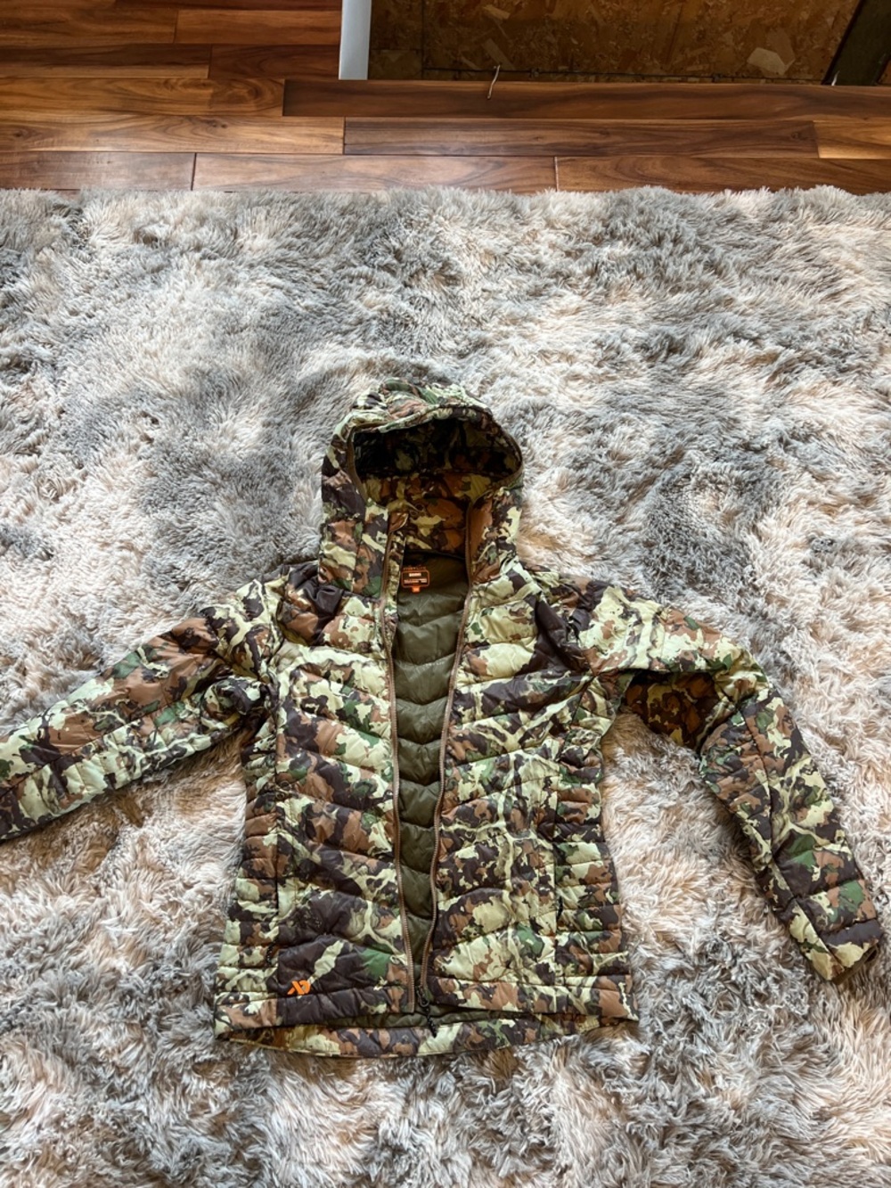 First Lite womans Camo Hooded Puffer Jacket - Olive Brown